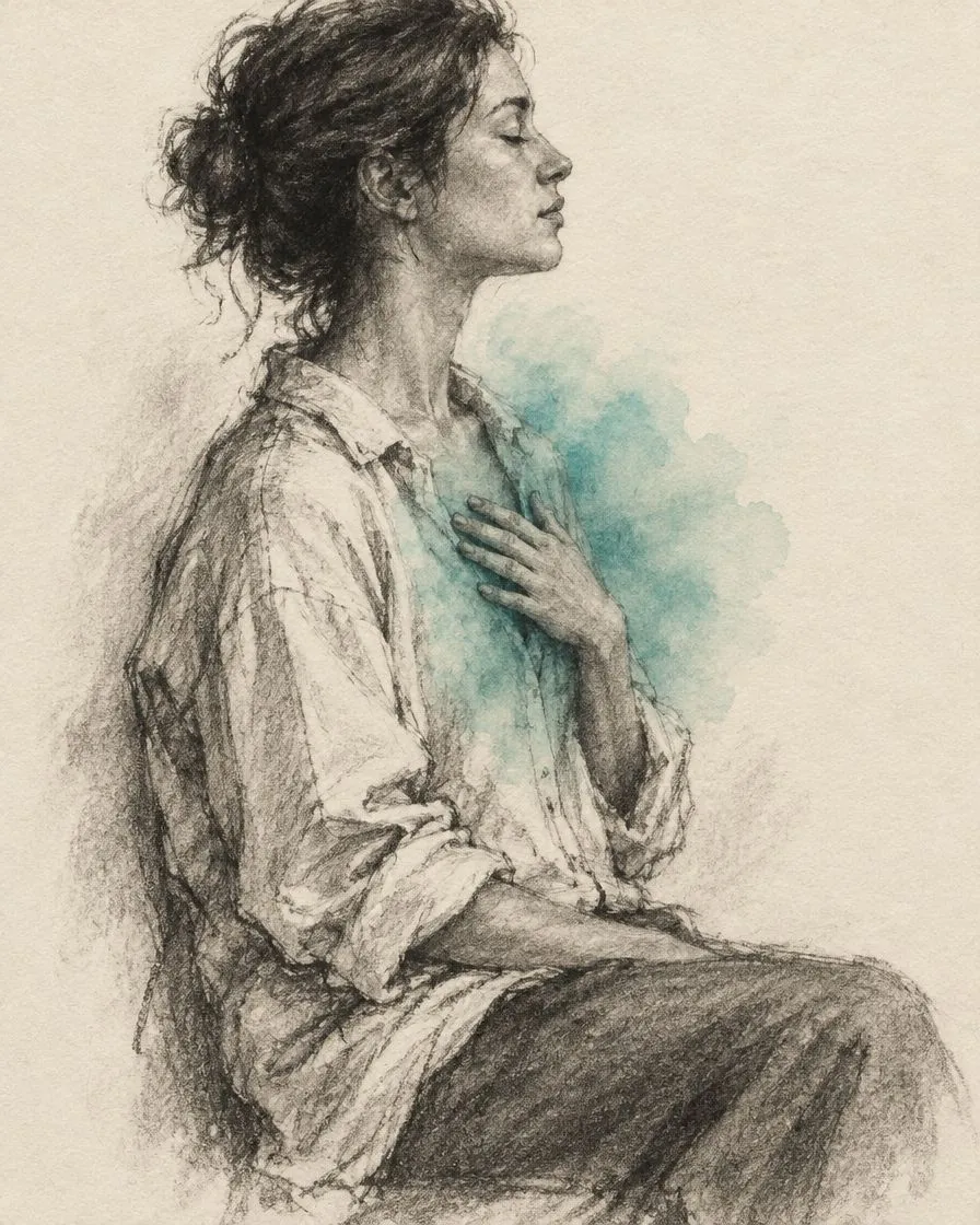 Charcoal drawing of a person breathing with a hand on the chest
