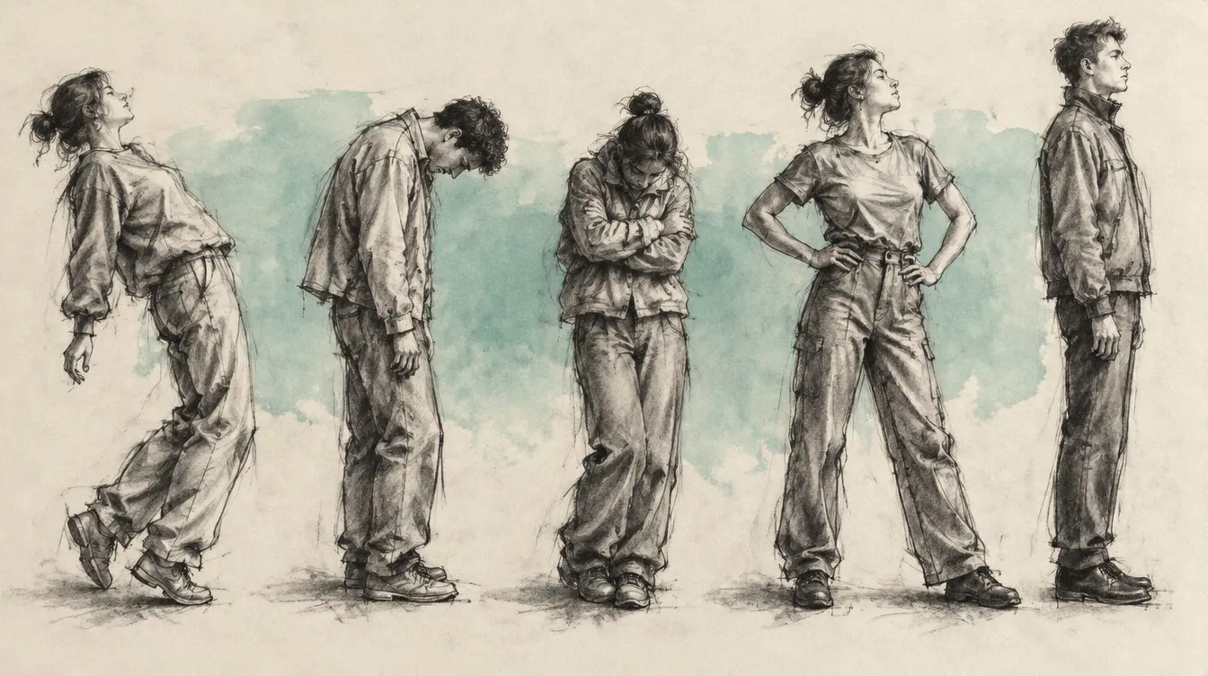 Charcoal sketch of five figures in five different postures